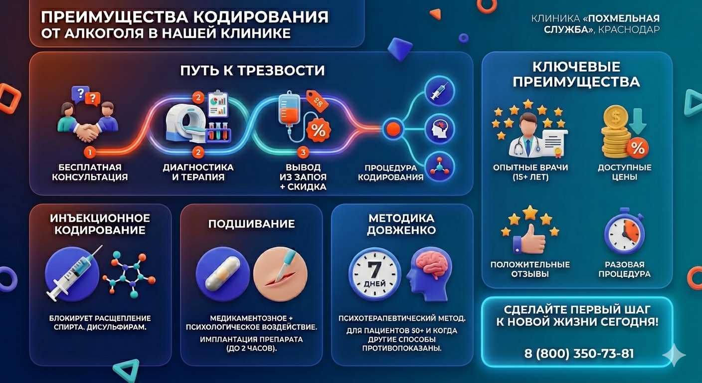 Инфографика о методах кодирования от алкоголя в Нижнекамске: инъекции, подшивание, метод Довженко. Преимущества клиники и этапы лечения.