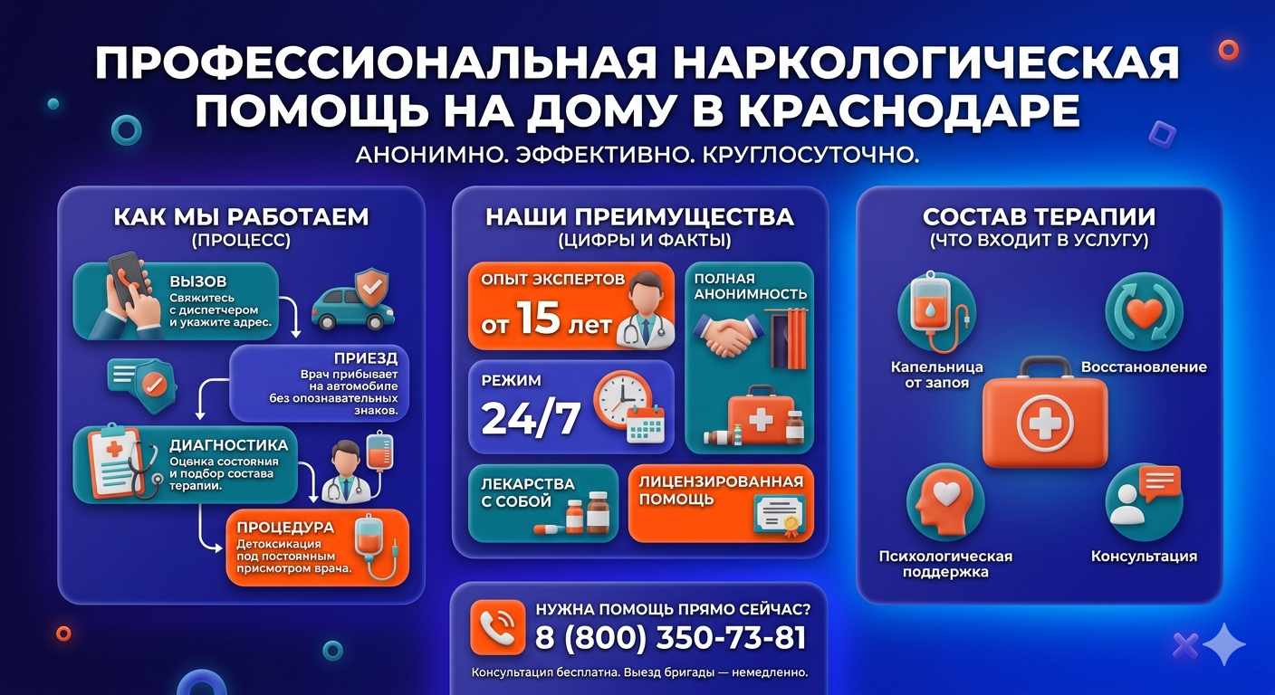 Инфографика о принципах лечения алкоголизма на дому в Нижнекамске: этапы вызова нарколога, преимущества анонимной детоксикации и состав медицинской помощи.
